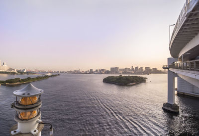 Scenic view of river by buildings against sky during sunset