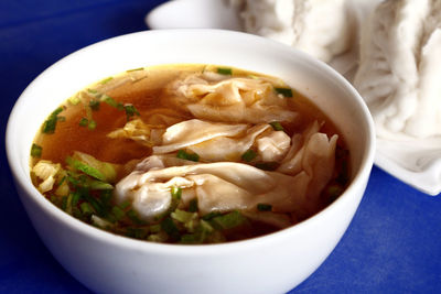 High angle view of soup in bowl on table