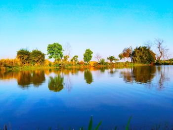 Scenic view of lake against blue sky