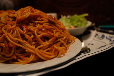 Close-up of noodles in plate on table