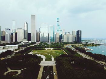 Aerial view of chicago from buckingham fountain near grant park