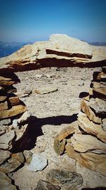 Shadow of man on rock against sky