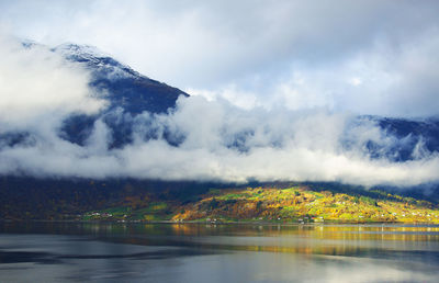 Scenic view of lake against cloudy sky