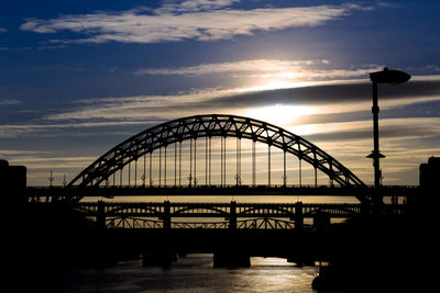 Silhouette bridge over river against sky during sunset