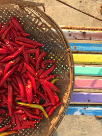 High angle view of red chili peppers in basket