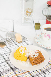 High angle view of cake served on table