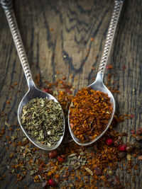 Close-up of seasoning in spoons on wooden cutting board