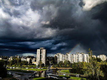 Storm clouds over city buildings