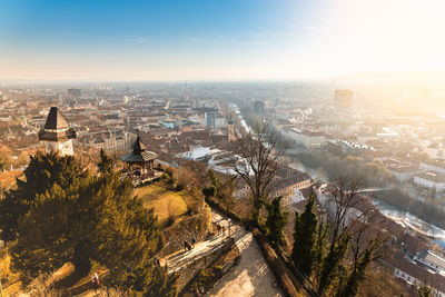 Aerial view of city buildings against sky