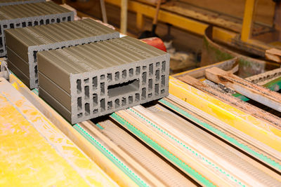 High angle view of books in row