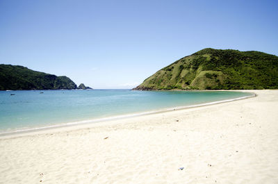 Scenic view of beach against clear sky