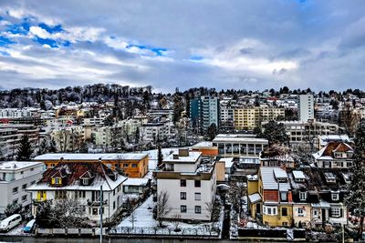 High angle view of townscape against sky during winter