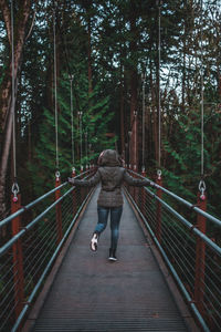 Rear view of man walking on footbridge in forest