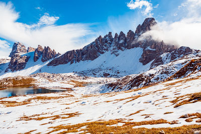 Scenic view of snow covered mountains against sky