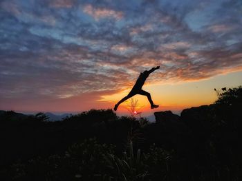 Silhouette bird flying against sky during sunset