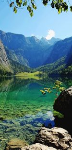 Scenic view of lake and mountains against sky