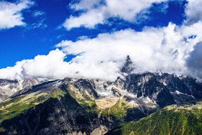 Scenic view of snowcapped mountains against cloudy sky