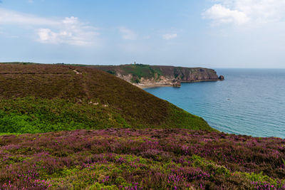 Panoramic view over cap frehel and fort la latte, brittany, france. atlantic ocean french coast