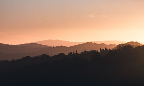 Scenic view of silhouette mountains against sky at sunset