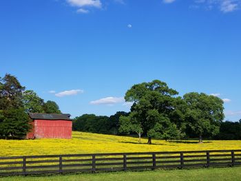 Red barn in a grassy landscape against a blue sky, in tennessee. 