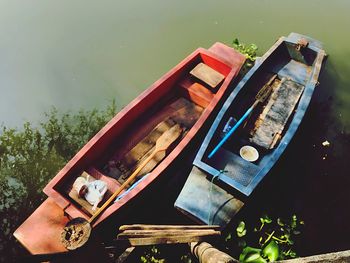 High angle view of boat moored at lake