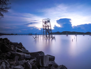 Scenic view of lake against sky at sunset