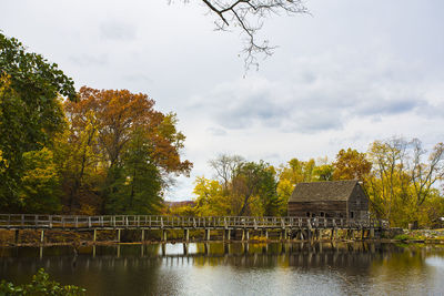 Footbridge over calm lake in park