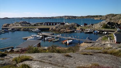 High angle view of boats moored in harbor