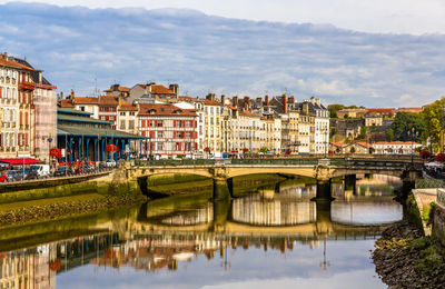 Bridge over river by buildings in city against sky