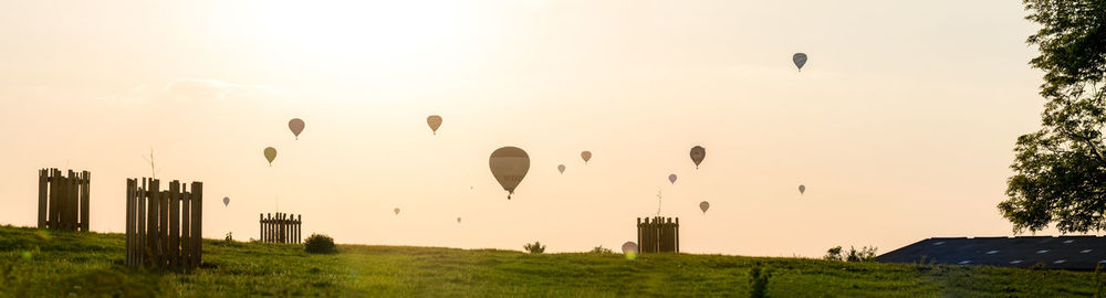 View of hot air balloons on field