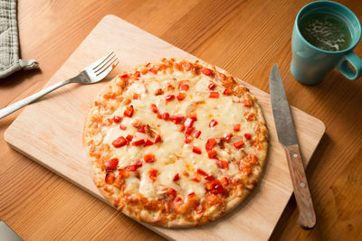 High angle view of pizza on table