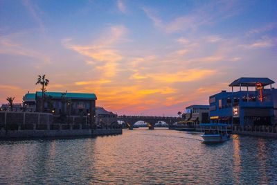 Scenic view of river against sky at sunset