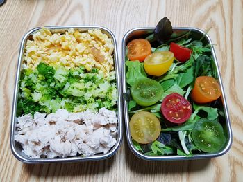 High angle view of food in bowls on table