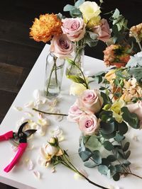 High angle view of rose bouquet on table