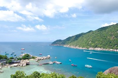 High angle view of boats moored in sea