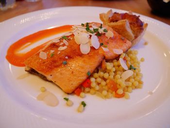 Close-up of served food in plate