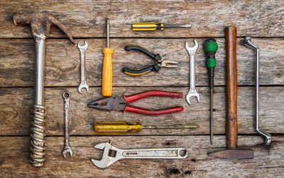 Directly above shot of various work tools on wooden table