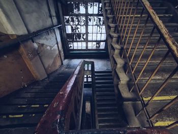 High angle view of staircase in abandoned building