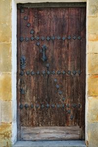 Closed wooden door of old house