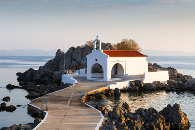 Agios isidoros church in northern chios at sunrise.