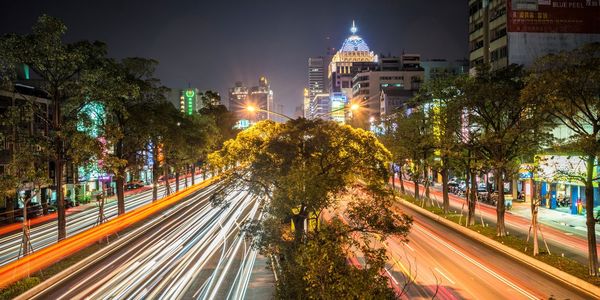 Light trails on road at night