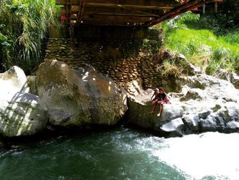 High angle view of woman in water