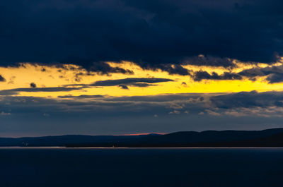 Scenic view of dramatic sky over sea during sunset