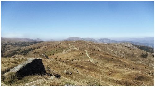 Scenic view of mountains against clear blue sky