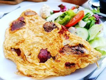 High angle view of breakfast served on table