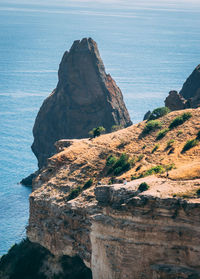 High angle view of cliff by sea against sky