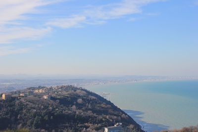 Scenic view of sea and cityscape against sky