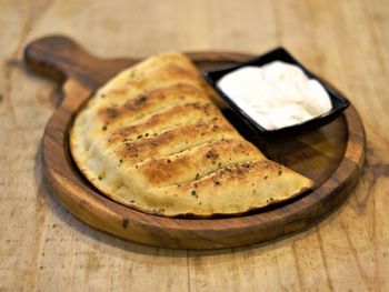 High angle view of bread in plate on table