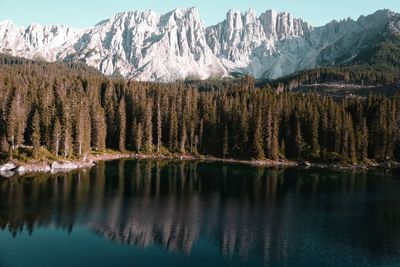 Scenic view of lake by snowcapped mountains during winter