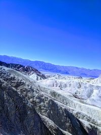 Scenic view of dramatic landscape against clear blue sky